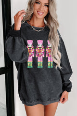 Black Christmas Sequined Nutcrackers Mineral Wash Corded Sweatshirt from MsDressly