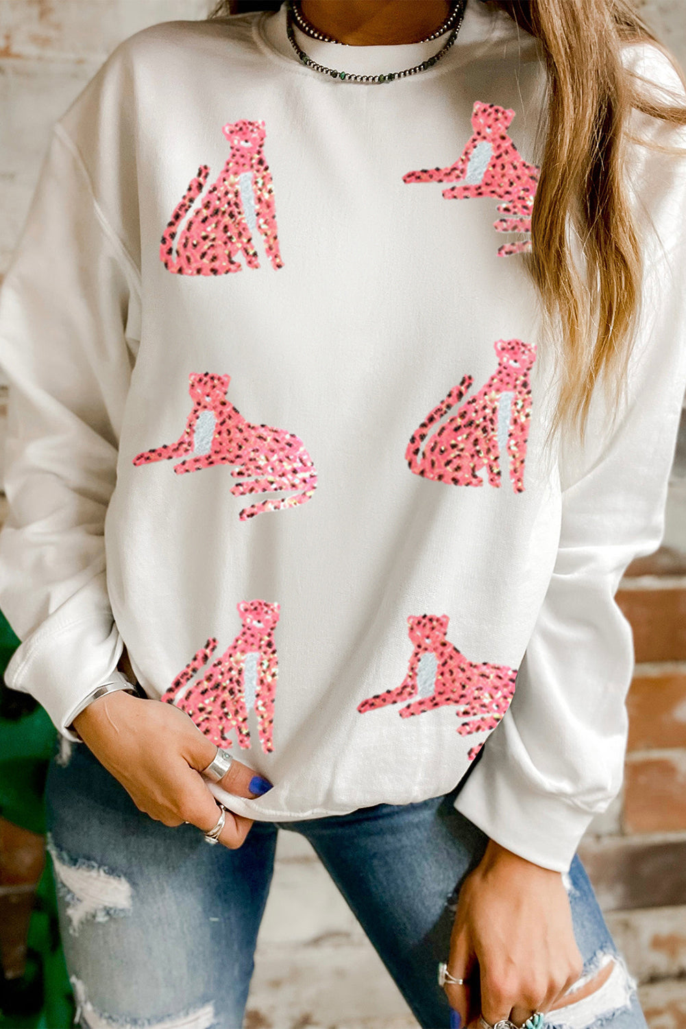 Beige Sequin Cheetah O Neck Drop Shoulder Sweatshirt from MsDressly