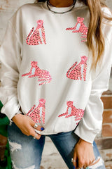 Beige Sequin Cheetah O Neck Drop Shoulder Sweatshirt from MsDressly