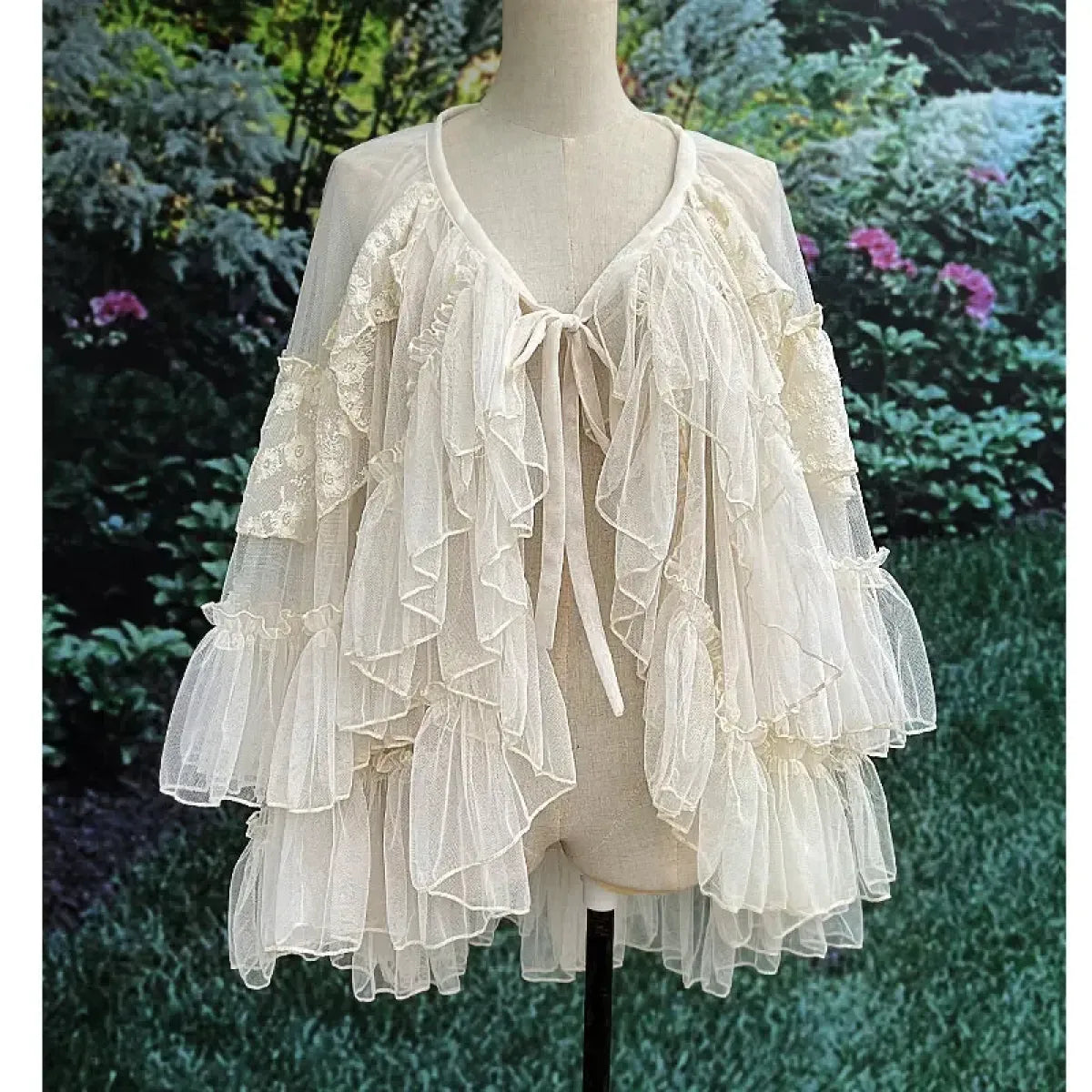 Double-Layered Waist Curtain Skirt - Asymmetrical Ruffle High-Low Cover-Up from Kawaii Stop