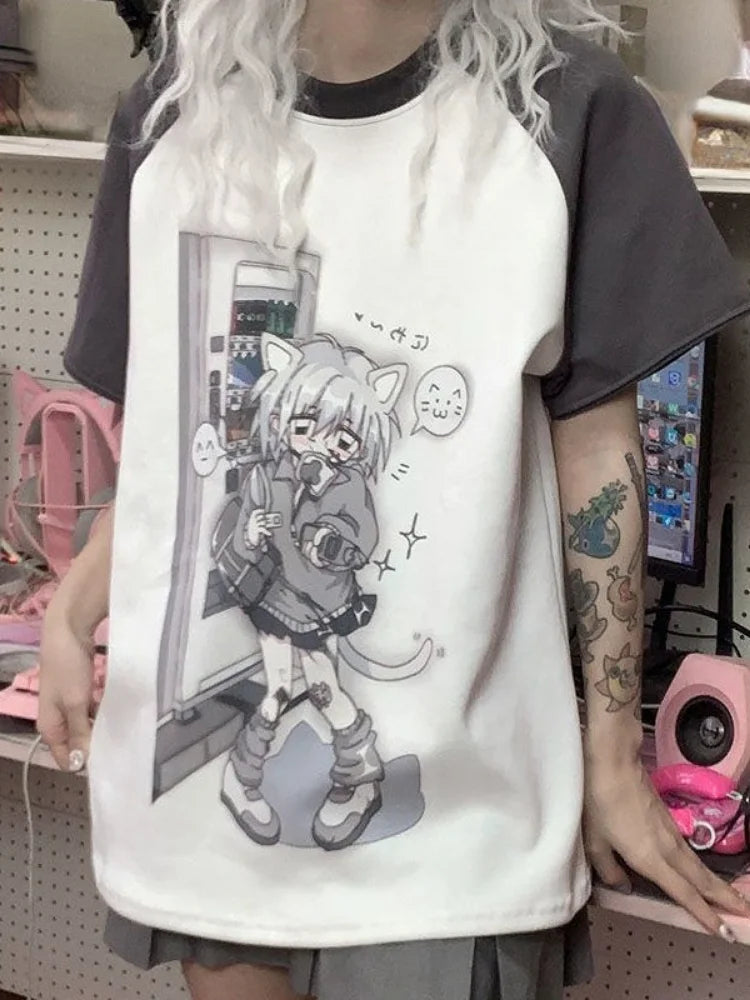 Dreamy Detachable Sleeve Tee – Kawaii Cat & Anime Harajuku Style Top From Kawaii Stop