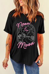 Black neon moon Letter Graphic Short Sleeve Top from MsDressly