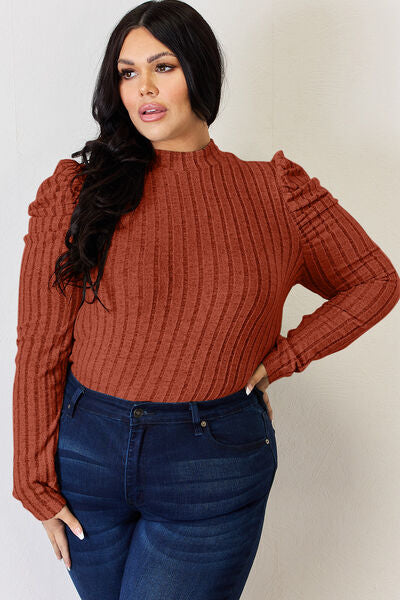 Basic Bae Full Size Ribbed Mock Neck Puff Sleeve T-Shirt from Enfance-Heureuse