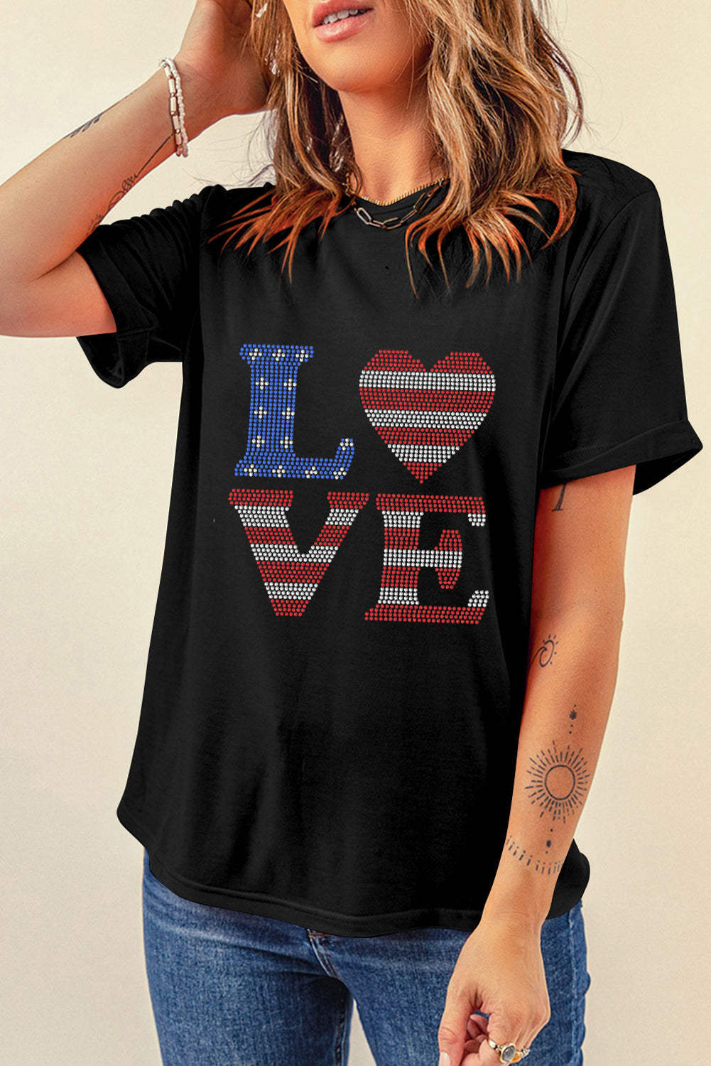 Black Rhinestone USA Flag Stripes and Stars LOVE Graphic T Shirt from MsDressly