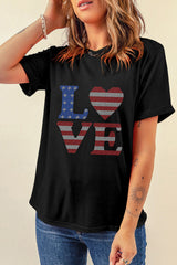 Black Rhinestone USA Flag Stripes and Stars LOVE Graphic T Shirt from MsDressly