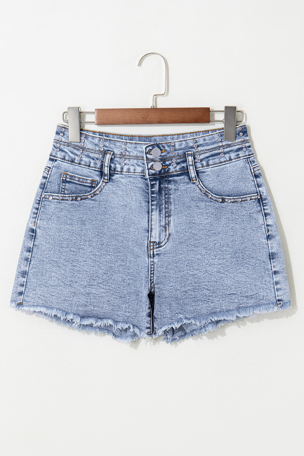 Heaven Rhinestone Raw Hem Denim Shorts from Threaded Pear