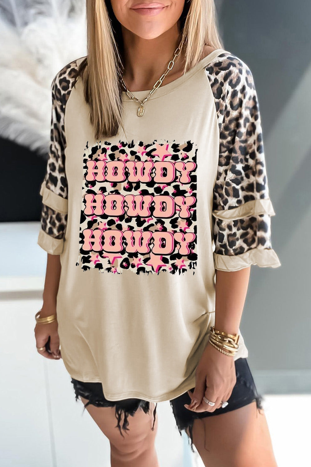 Apricot HOWDY Leopard Print Tiered Ruffled 3/4 Sleeve Tee from MsDressly