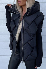 Black Quilted Zipper Front Hooded Vest Coat From MsDressly