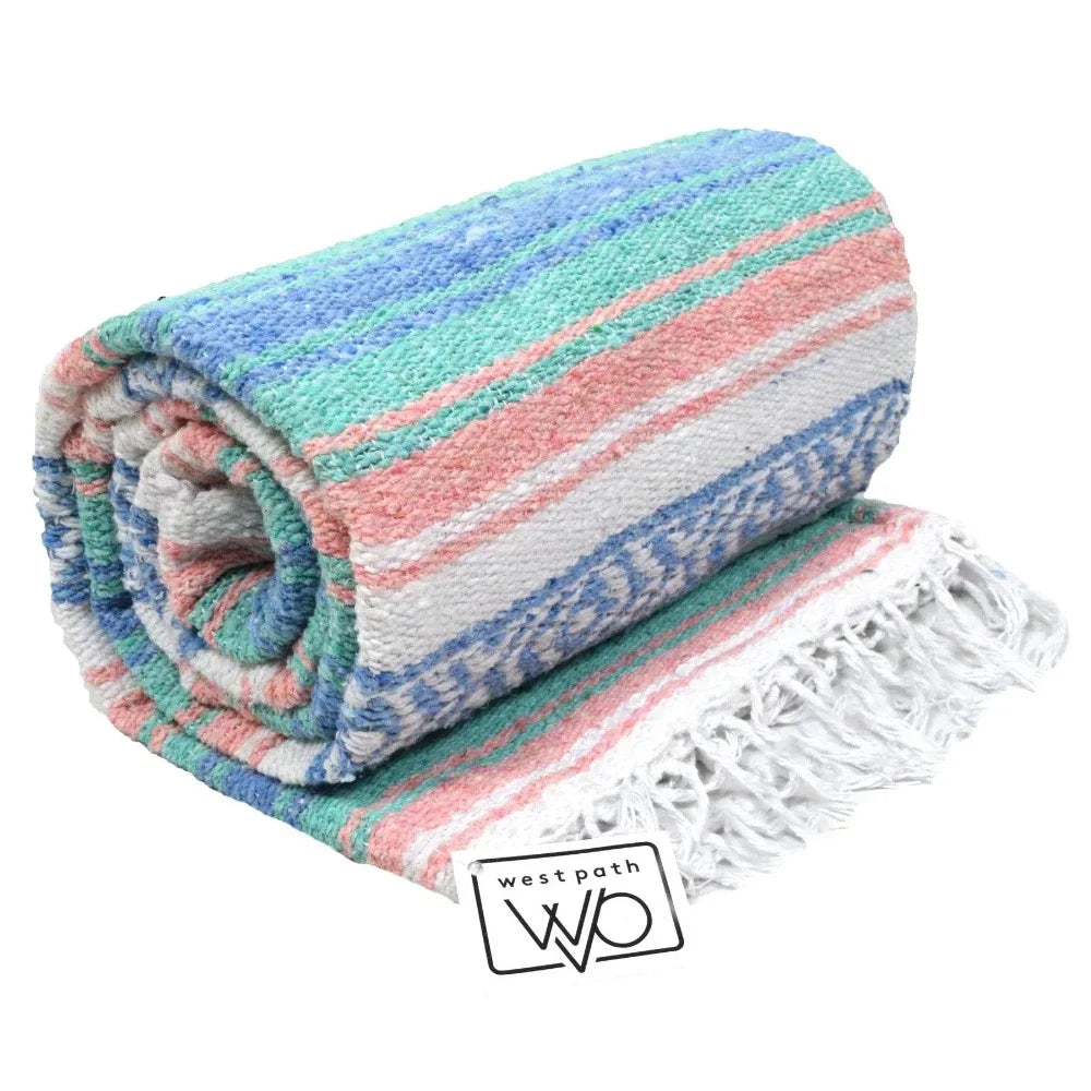 Mint, Blue & Coral Peach Mexican Falsa Blanket From West Path