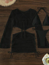Black Crochet Micro Bikini Set with O-ring Detail and Backless Cover-Up Dress from MsDressly