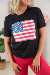 Black Frayed American Flag Printed Crewneck T Shirt from MsDressly