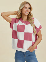 Double Take Full Size Checkered Round Neck Short Sleeve Sweater from Enfance-Heureuse
