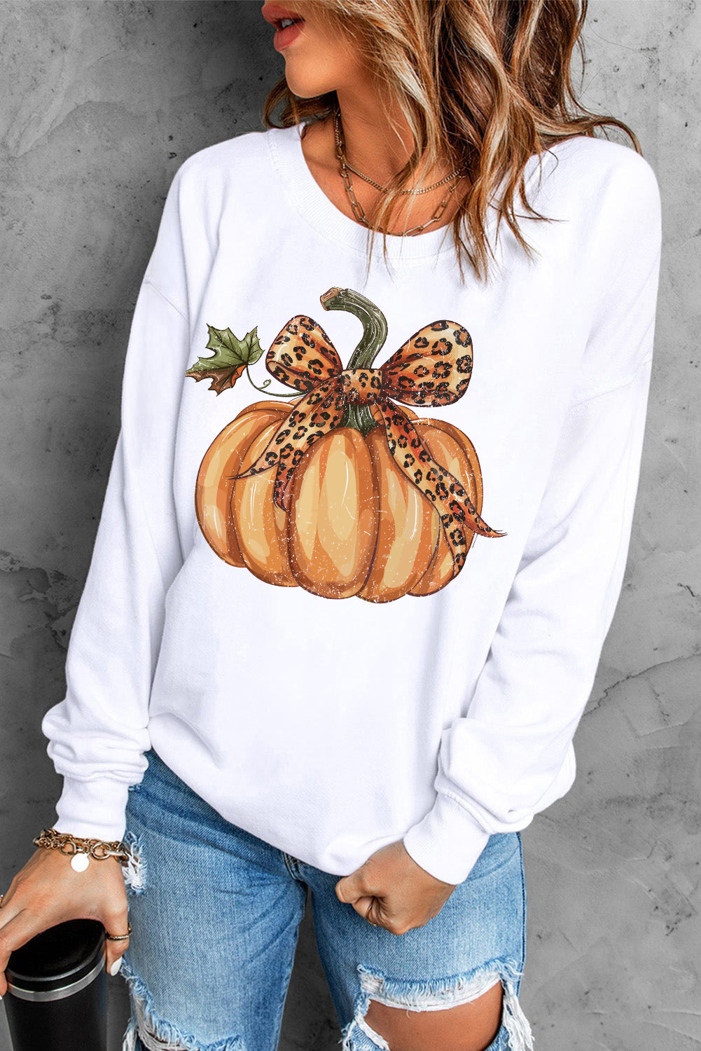 Beige Leopard Bowknot Pumpkin Graphic Crewneck Sweatshirt from MsDressly