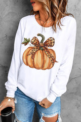 Beige Leopard Bowknot Pumpkin Graphic Crewneck Sweatshirt from MsDressly