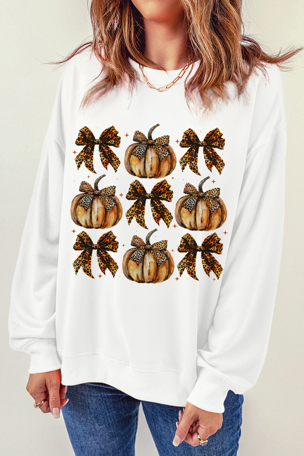 Beige Pumpkin Leopard Bow Knot Print Pullover Sweatshirt from MsDressly