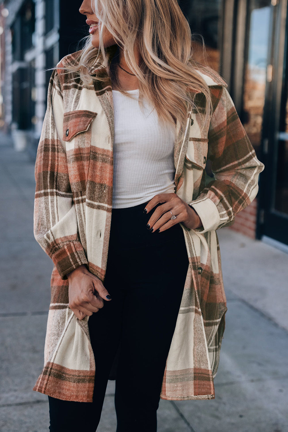 Autumn Plaid Button-Down Shirt Jacket from MsDressly