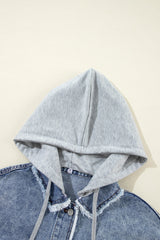 Beau Blue Plaid Print Patchwork Hooded Raw Hem Denim Jacket from MsDressly