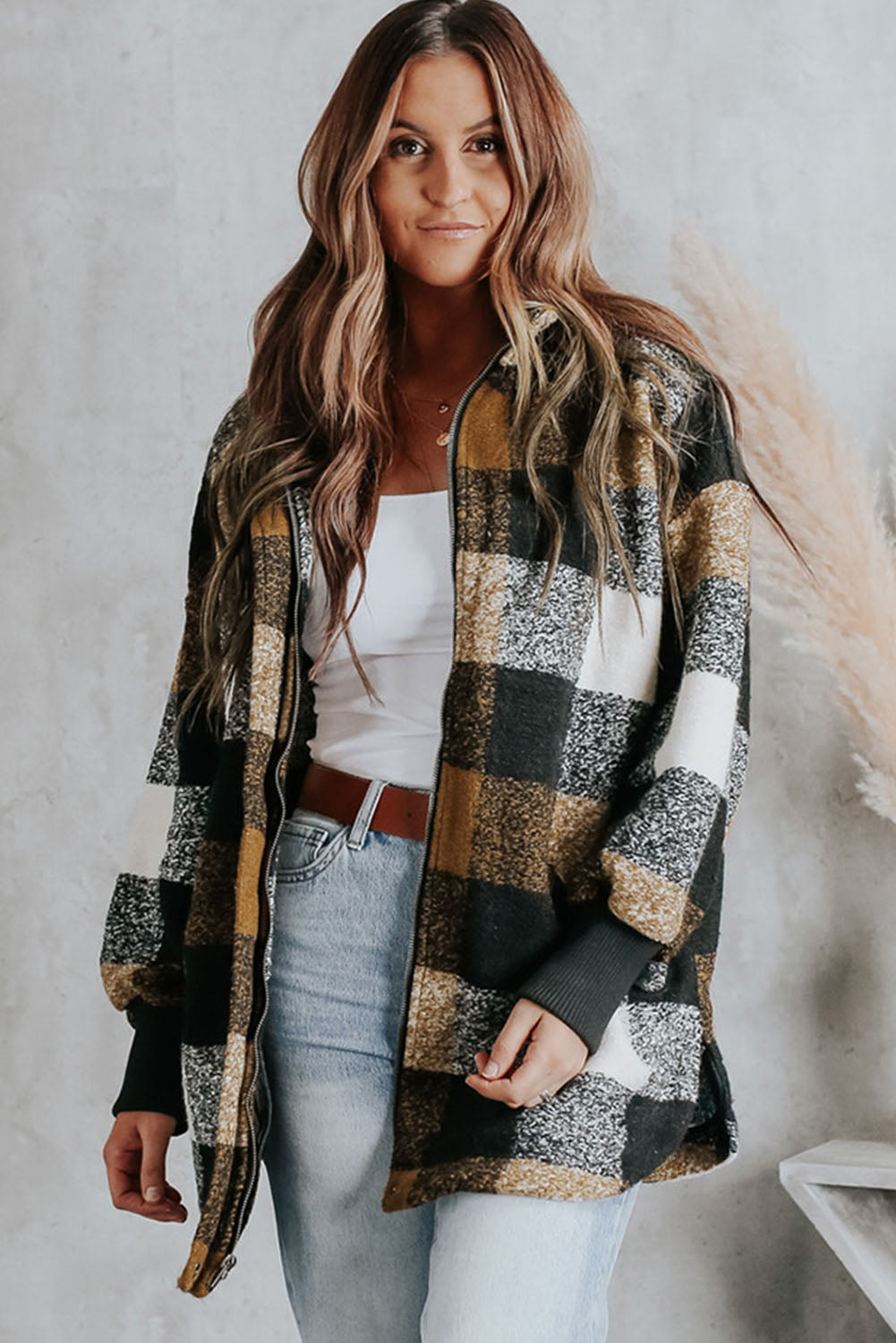 Black Zipper Side Pockets Plaid Overcoat from MsDressly