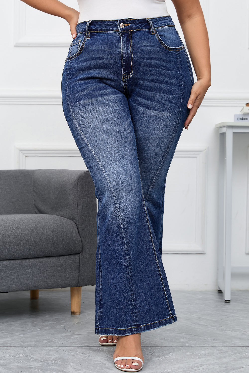 Aila Dark Blue Plus Size Stitching Flare Jeans From Threaded Pear