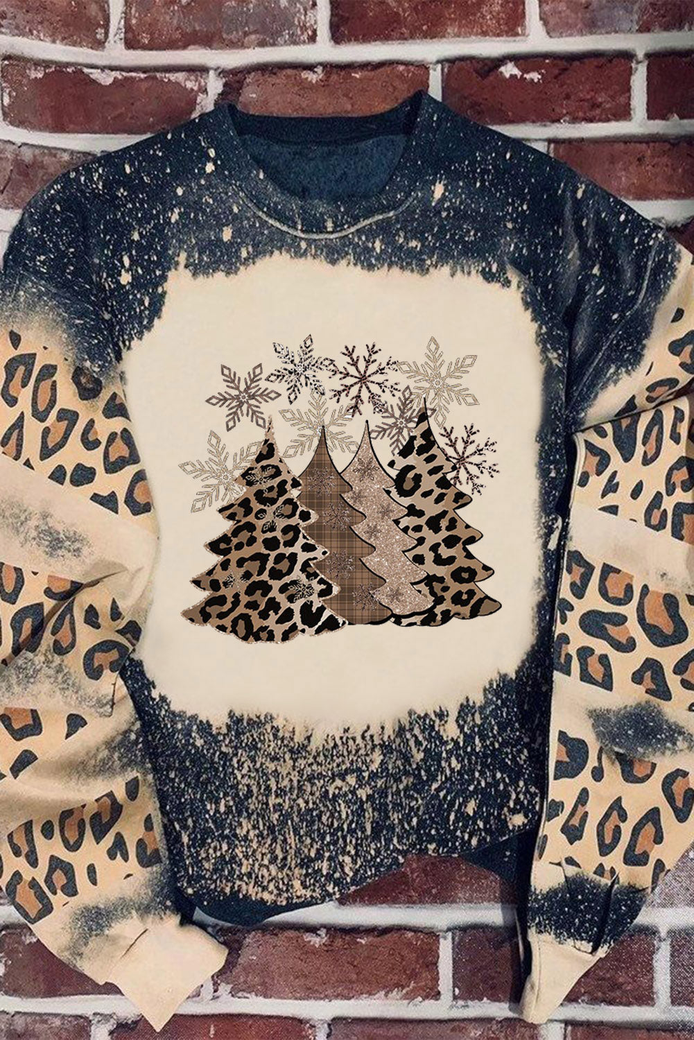 Black Christmas Tree Leopard Color Block Pullover Sweatshirt from MsDressly