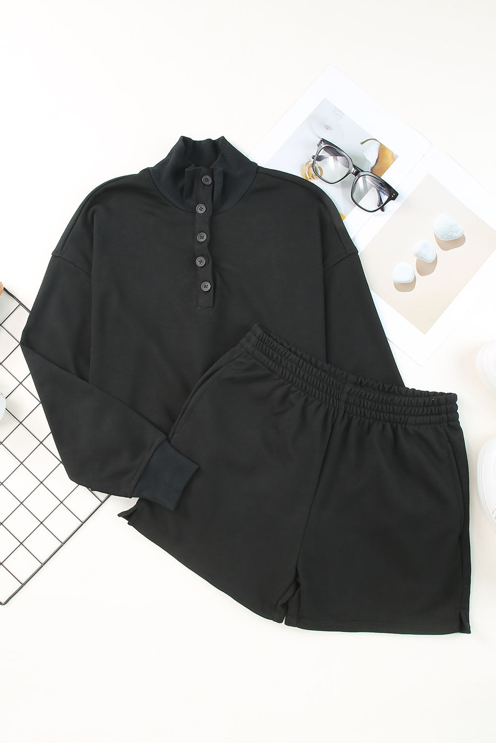 Black Casual High Neck Henley Top and Short Outfit from MsDressly