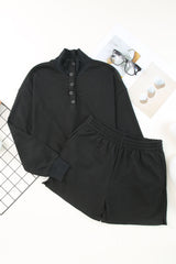 Black Casual High Neck Henley Top and Short Outfit from MsDressly