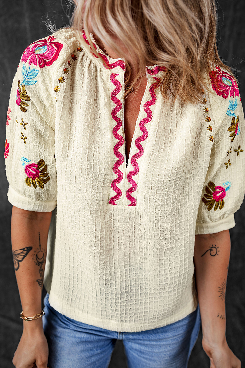 Beige Floral Embroidered Ricrac Puff Sleeve Textured Blouse from MsDressly