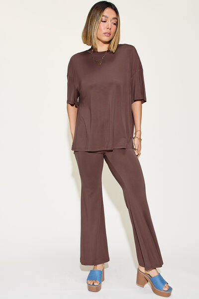 Basic Bae Full Size Bamboo Drop Shoulder T-Shirt and Flare Pants Set from Enfance-Heureuse