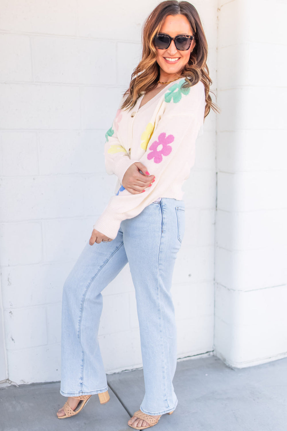 Beige Floral Pattern V Neck Buttoned Plus Size Cardigan from MsDressly