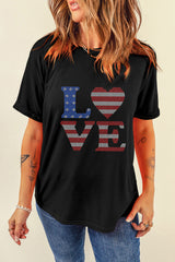 Black Rhinestone USA Flag Stripes and Stars LOVE Graphic T Shirt from MsDressly