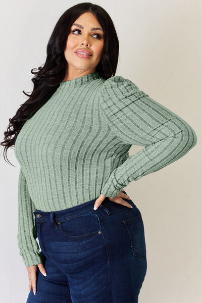 Basic Bae Full Size Ribbed Mock Neck Puff Sleeve T-Shirt from Enfance-Heureuse