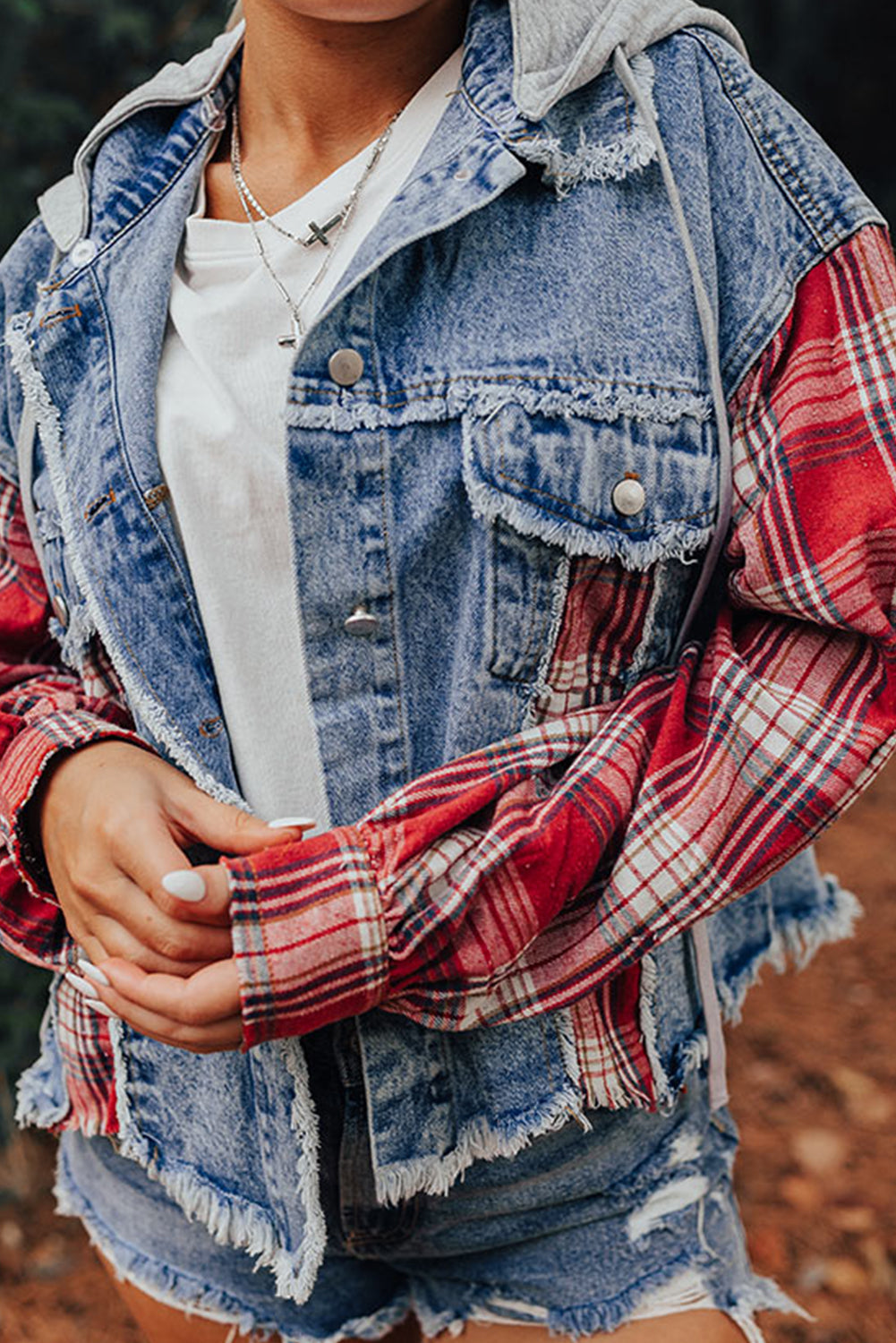 Beau Blue Plaid Print Patchwork Hooded Raw Hem Denim Jacket from MsDressly