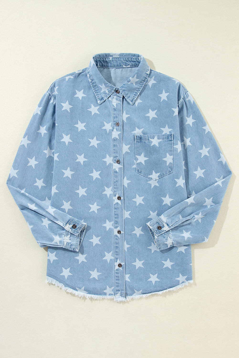 Star Light Wash Raw Hem Denim Jacket from Threaded Pear