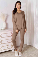 Basic Bae Full Size V-Neck Soft Rayon Long Sleeve Top and Pants Lounge Set from Enfance-Heureuse