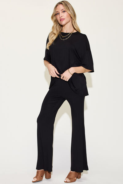 Basic Bae Full Size Bamboo Drop Shoulder T-Shirt and Flare Pants Set from Enfance-Heureuse