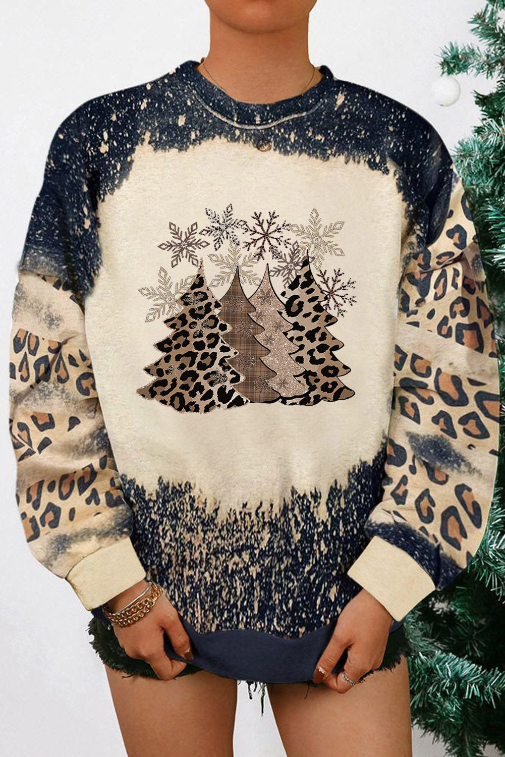Black Christmas Tree Leopard Color Block Pullover Sweatshirt from MsDressly