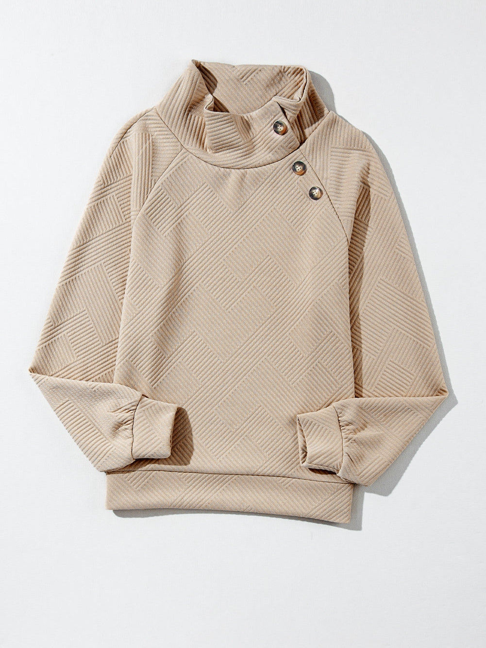 Apricot Textured High Neck Sweatshirt with Unique Asymmetrical Buttons from MsDressly