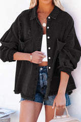 Black Distressed Fringe Trim Denim Jacket from MsDressly