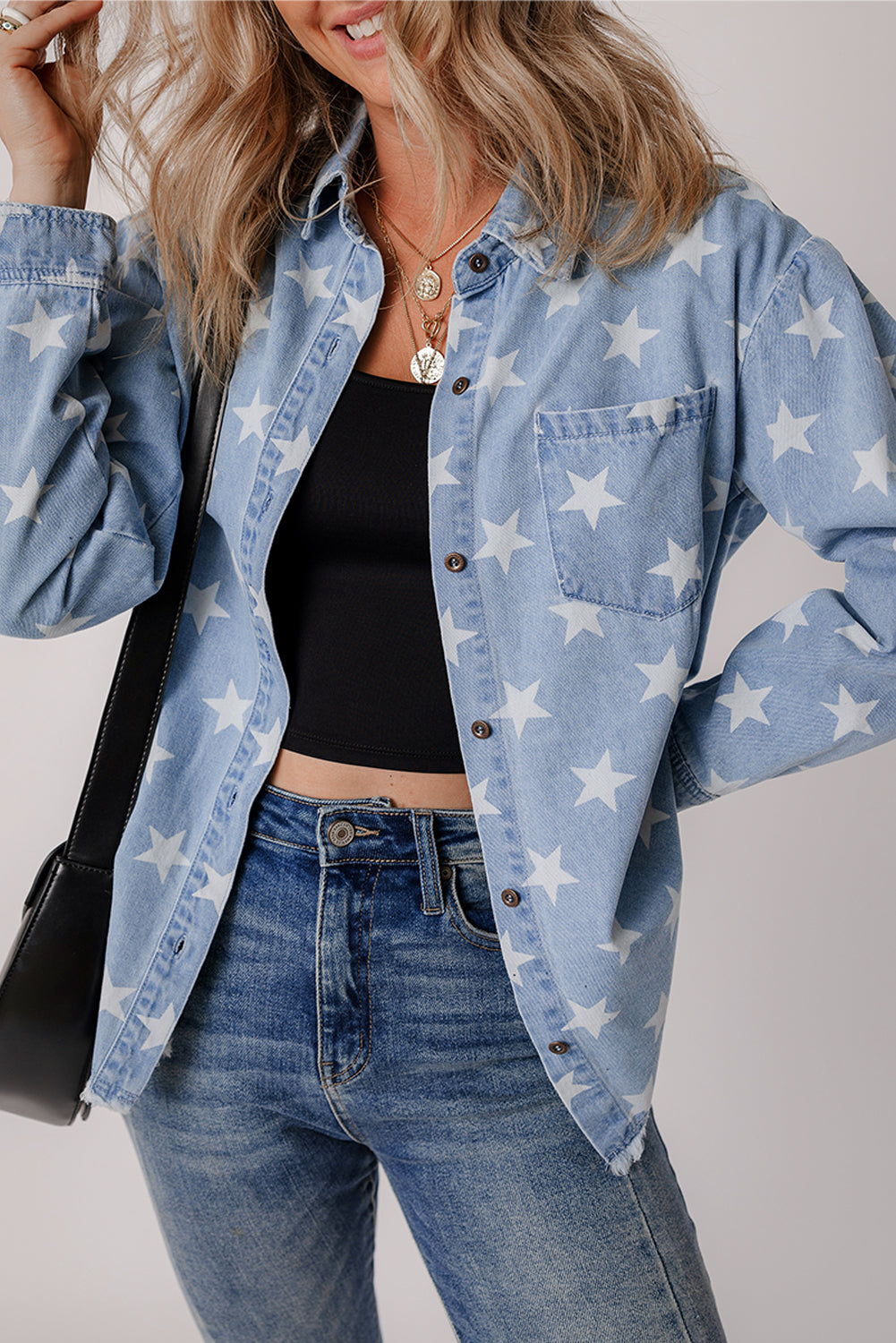 Star Light Wash Raw Hem Denim Jacket from Threaded Pear