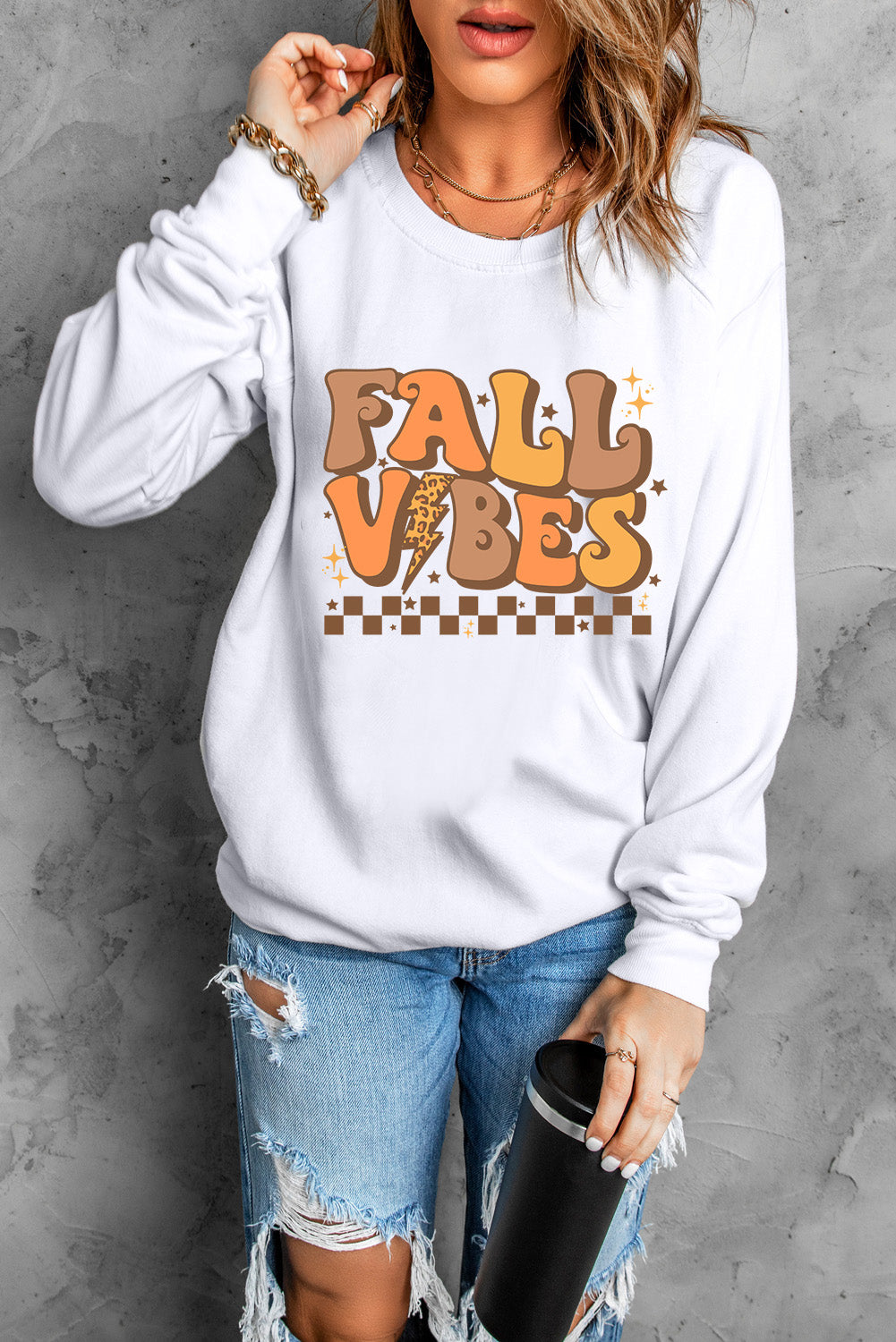 Beige FALL VIBES Graphic Drop Shoulder Sweatshirt from MsDressly