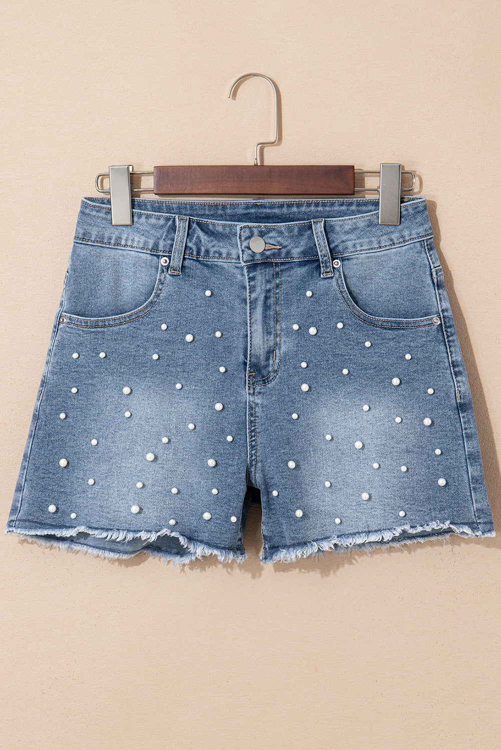 Amelie Pearl Beaded Raw Hem Medium Wash Denim Shorts from Threaded Pear
