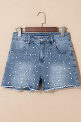 Amelie Pearl Beaded Raw Hem Medium Wash Denim Shorts from Threaded Pear