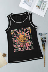 Black Letters Butterfly Floral Printed Stitching Crewneck Tank Top From MsDressly