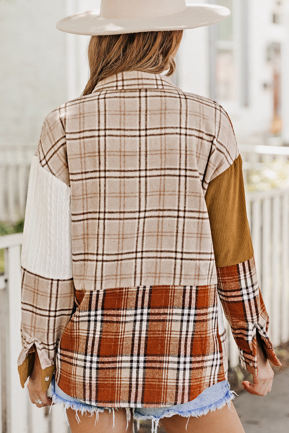 Sutton Plaid Color Block Patchwork Shirt Jacket with Pocket from Threaded Pear