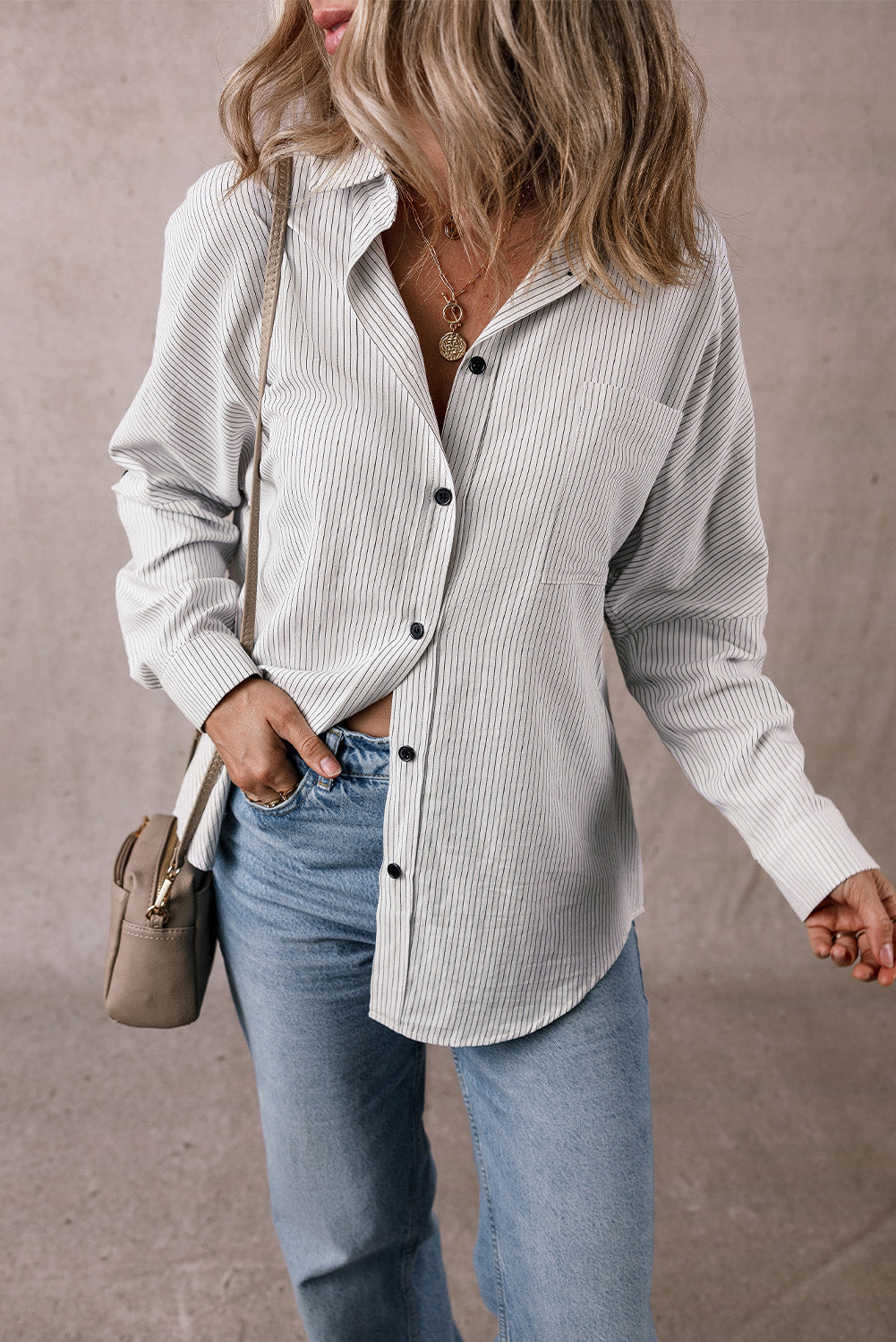 Black Stripe Roll-tab Sleeve Pocketed Long Shirt from MsDressly