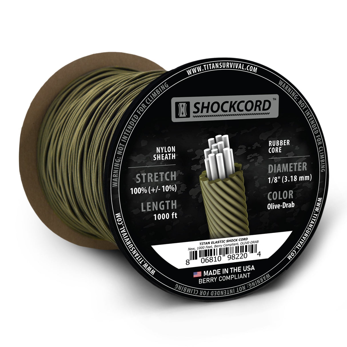 Olive-Drab Shock Cord 1/8", 1000 FT SPOOL from TITAN Survival