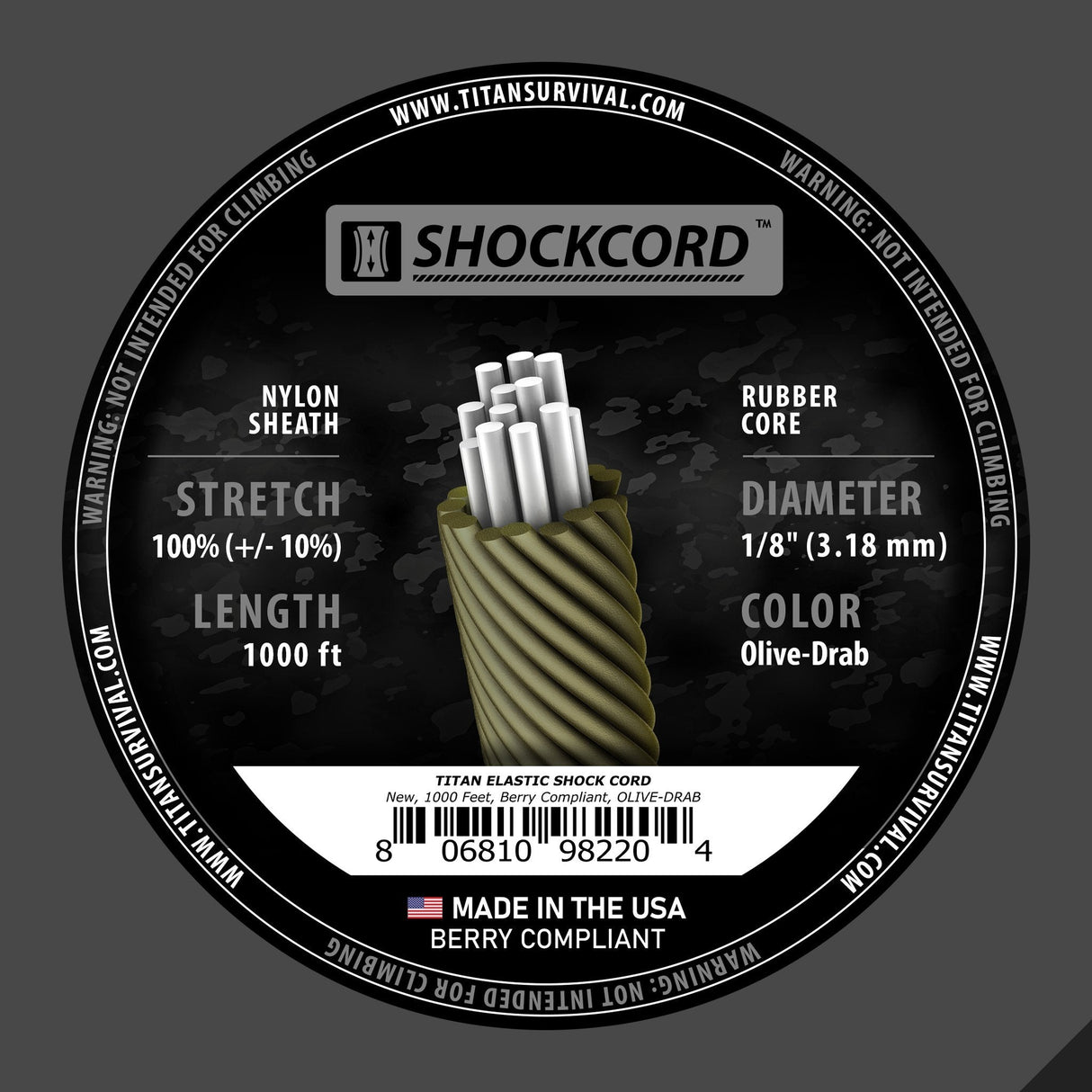 Olive-Drab Shock Cord 1/8", 1000 FT SPOOL from TITAN Survival