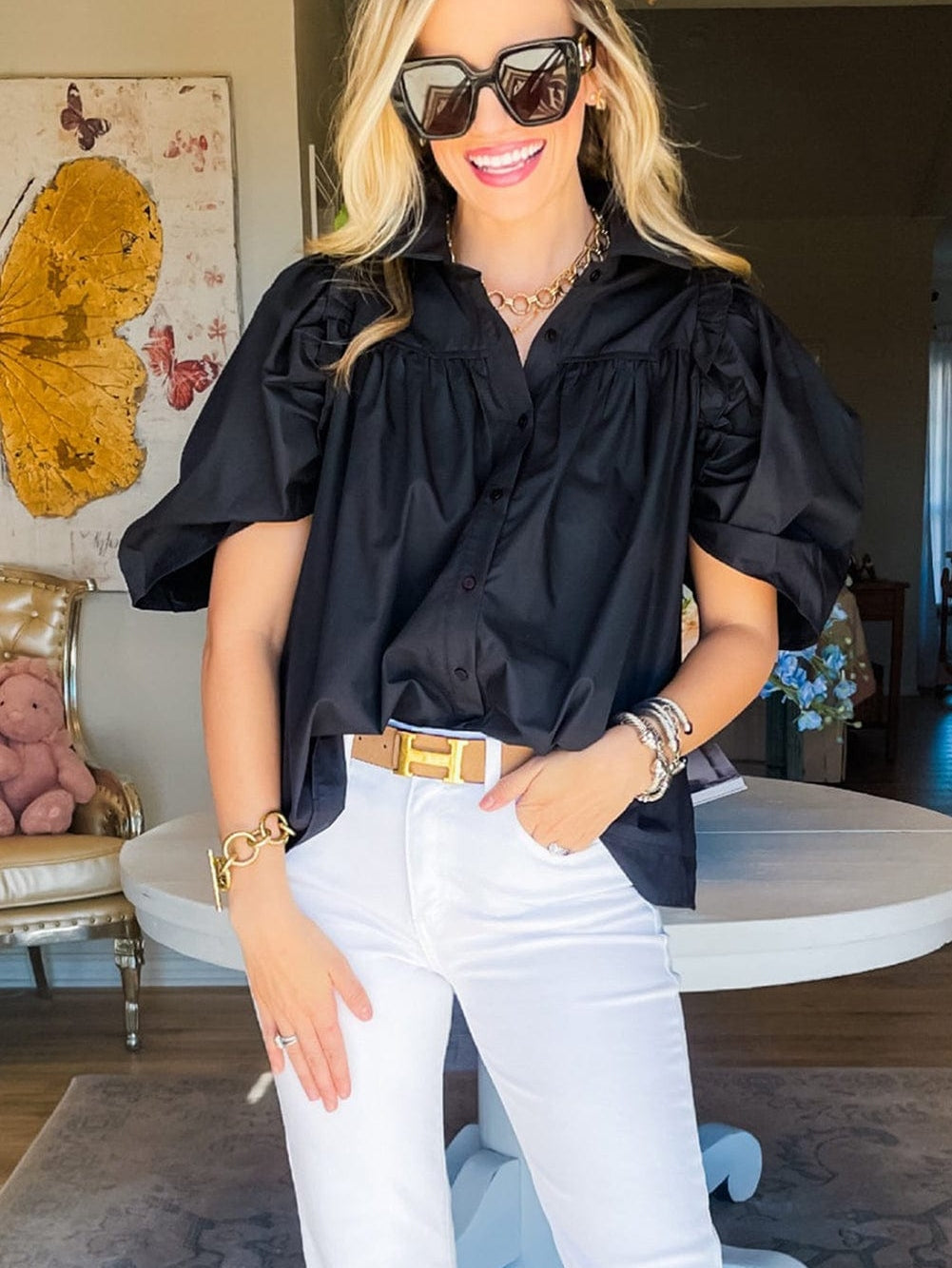 Black Blouse with Puff Sleeves from MsDressly