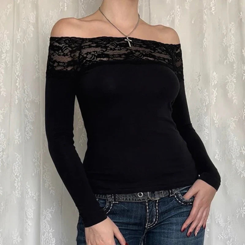 Black Lace Crop Top: Elegant Harajuku Y2K Long Sleeve Tee From Kawaii Stop