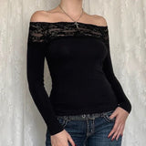 Black Lace Crop Top: Elegant Harajuku Y2K Long Sleeve Tee From Kawaii Stop